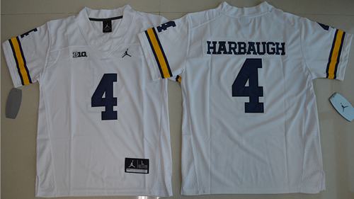 Wolverines #4 Jim Harbaugh White Jordan Brand Stitched Youth NCAA Jersey - Click Image to Close